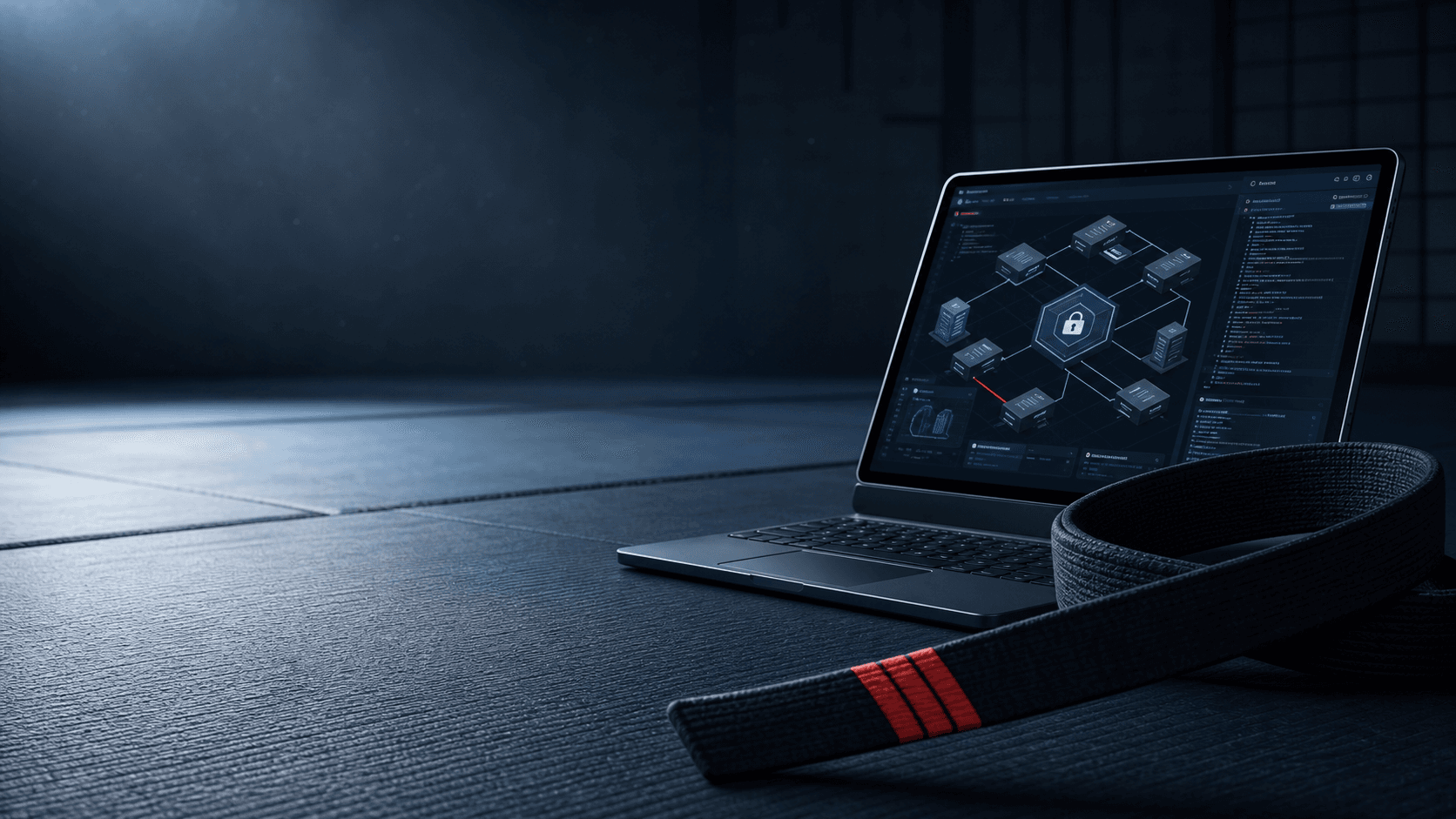 Black belt and technology workstation in a digital dojo setting